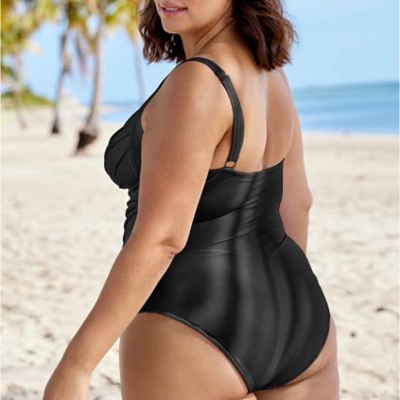 Venus ruched one piece plus size swimsuit, 20 NWT black v neck adj straps - Picture 2 of 5
